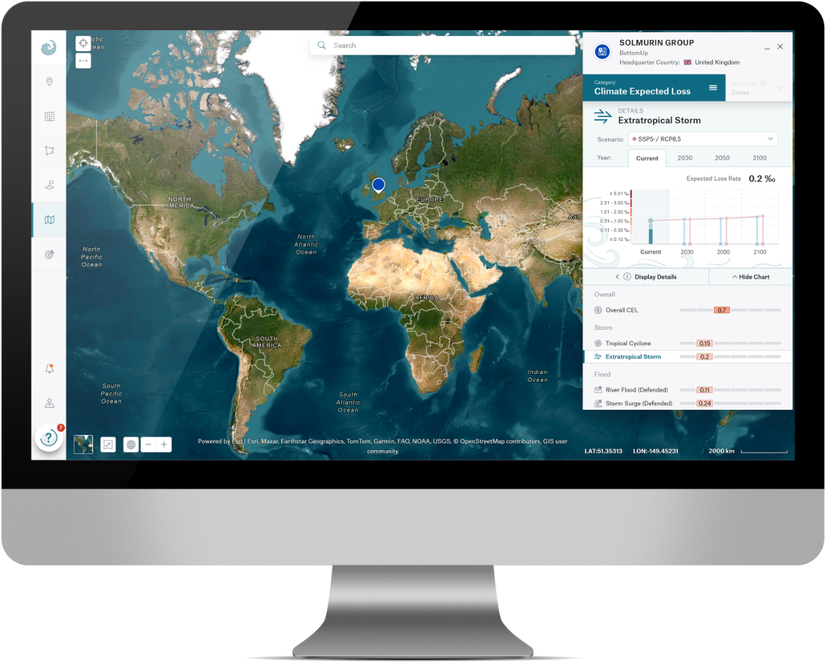 A computer screen displays a world map with climate data for an extratropical storm.