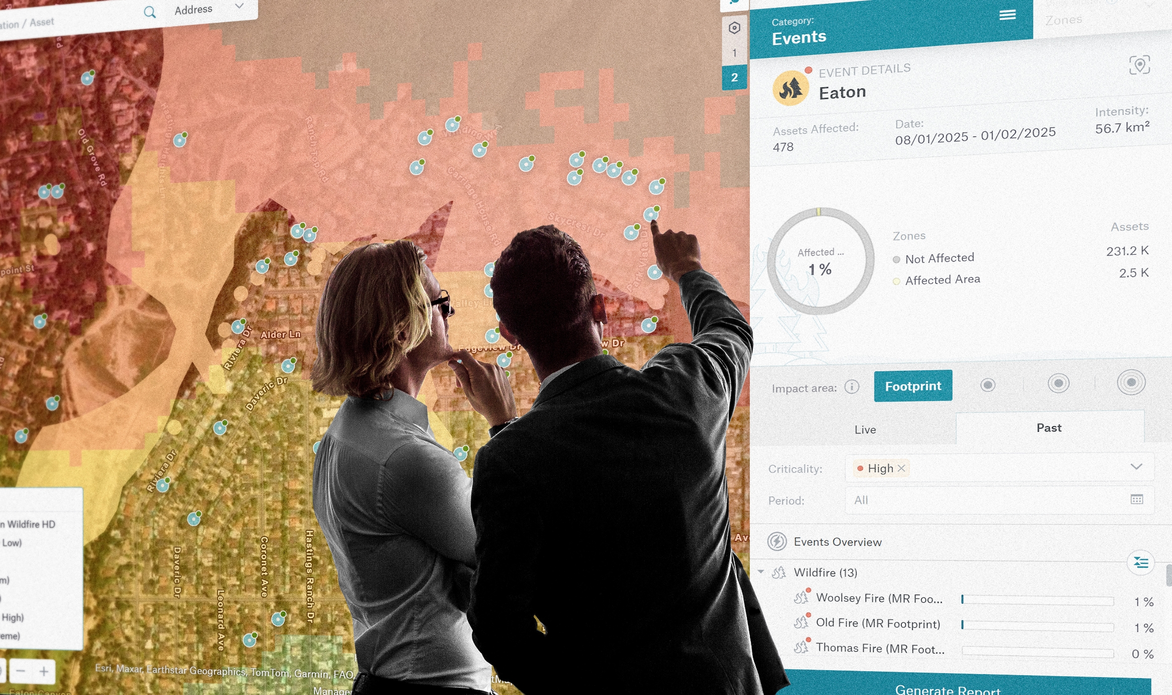 Two people analyzing a map with data on wildfire events and affected areas on a digital interface.