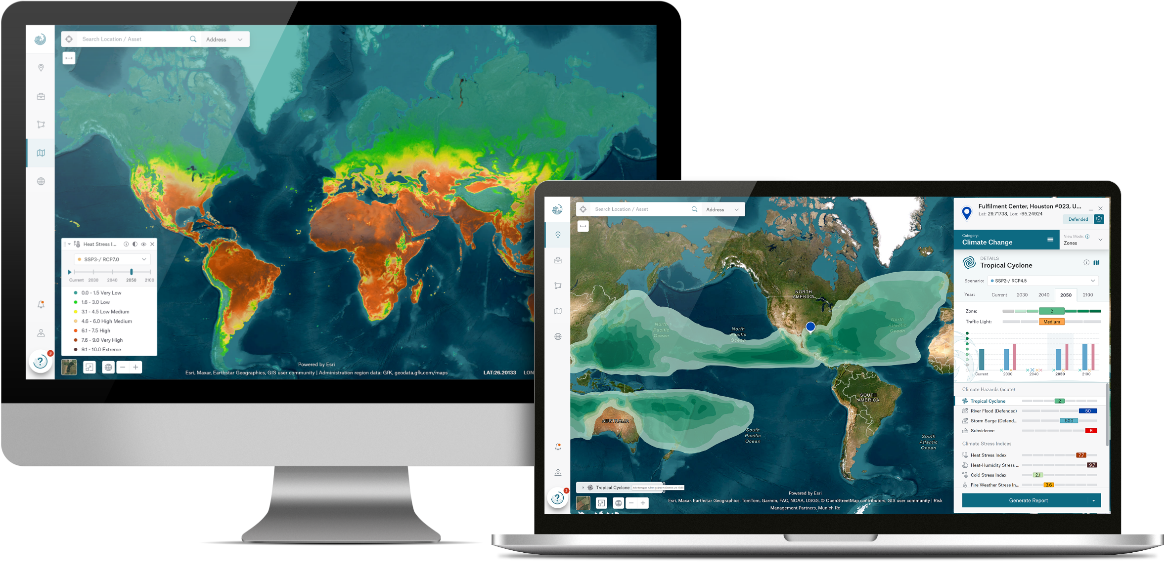 Two screens mockup tropical cyclone and heat stress