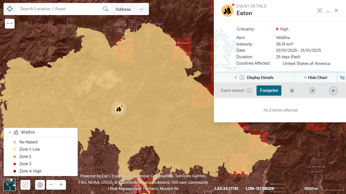 Eaton Wildfire, as seen in Location Risk Intelligence Events view