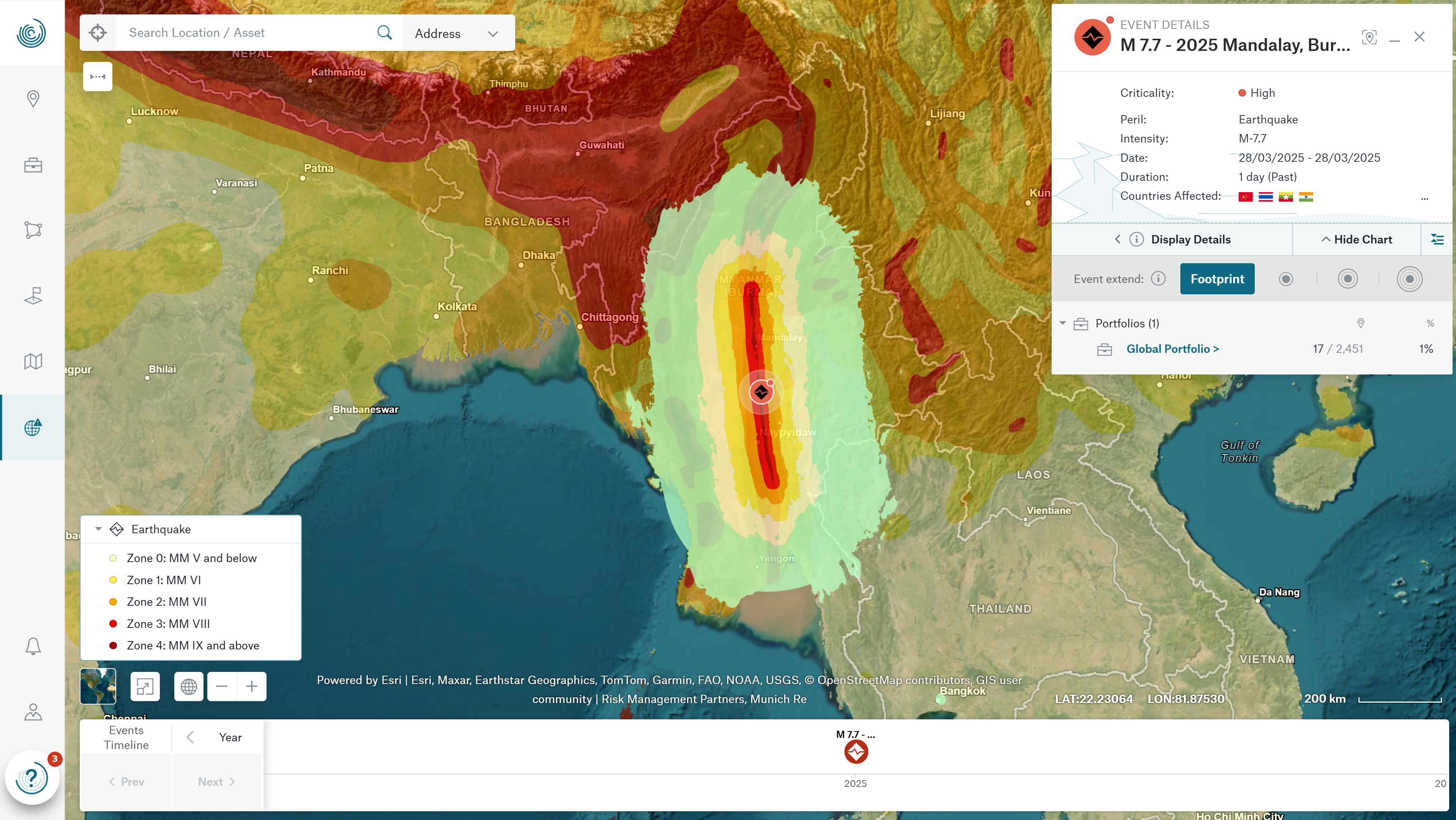 M 7.7 Earthquake, as seen in Location Risk Intelligence Events view