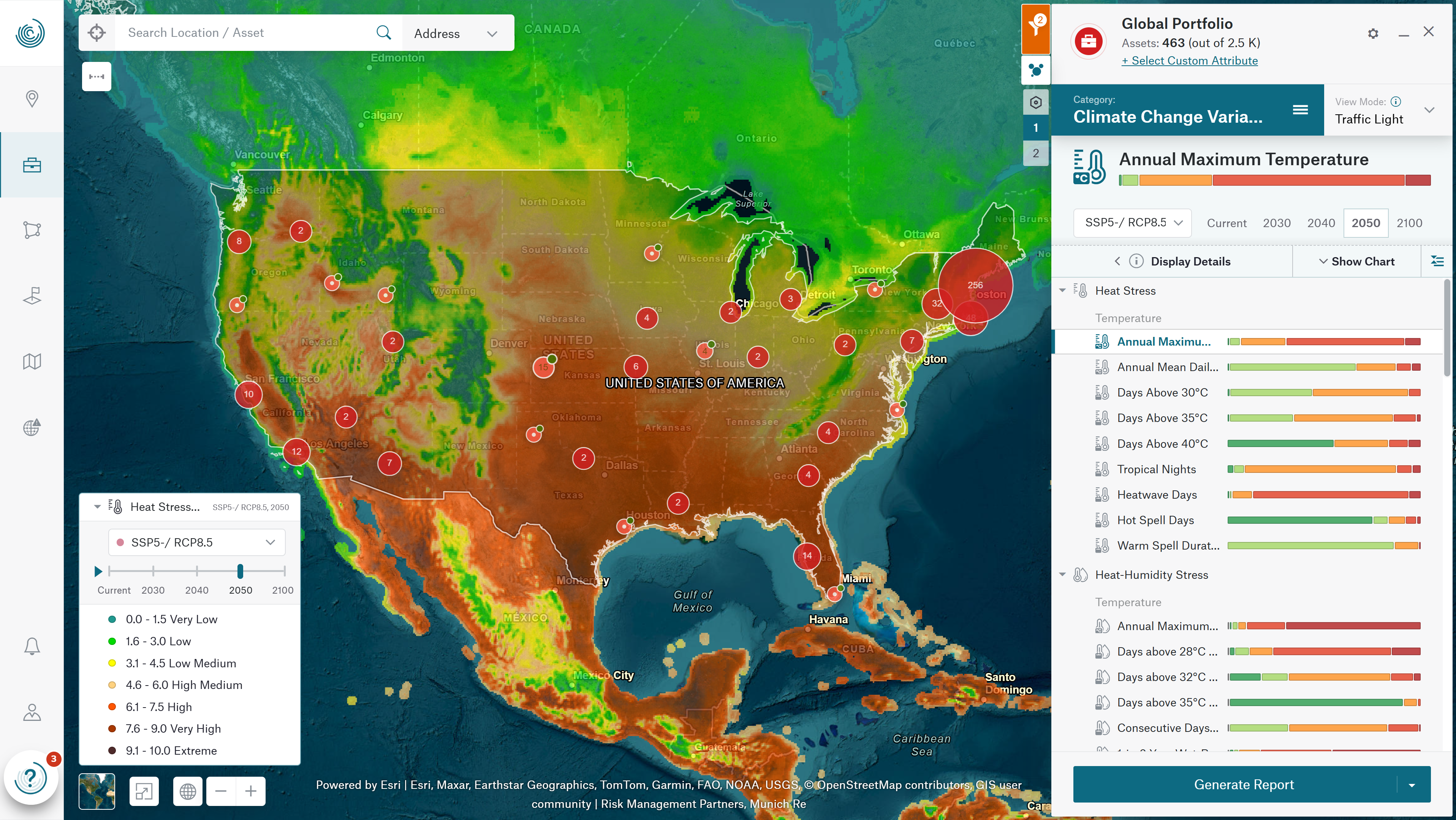 Sample U.S. portfolio assets under SSP5-/RCP8.5, projection for the year 2100, locations with Heat Stress Index between 6.1-7.5. Heat Stress Index combines several temperature-related parameters and classifies the climatological heat stress situation on a scale ranging from 0 (very low) to 10 (very high). Source: Munich Re.
